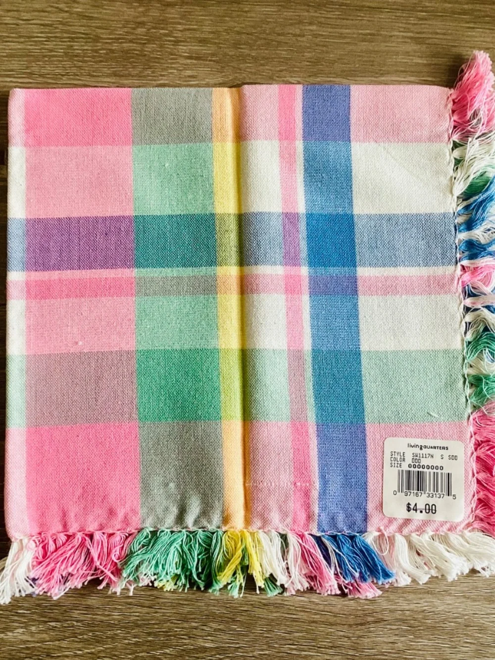 Vintage Living Quarters pastel plaid napkins Lot Of 11 Cotton India Fringed Pink